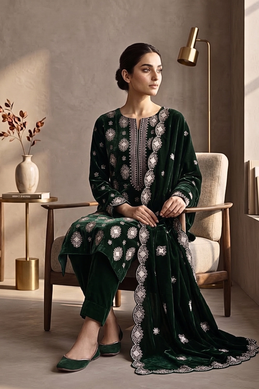 Mushtaq 3Pcs Unstitched Velvet Plain suit Desgin - 2