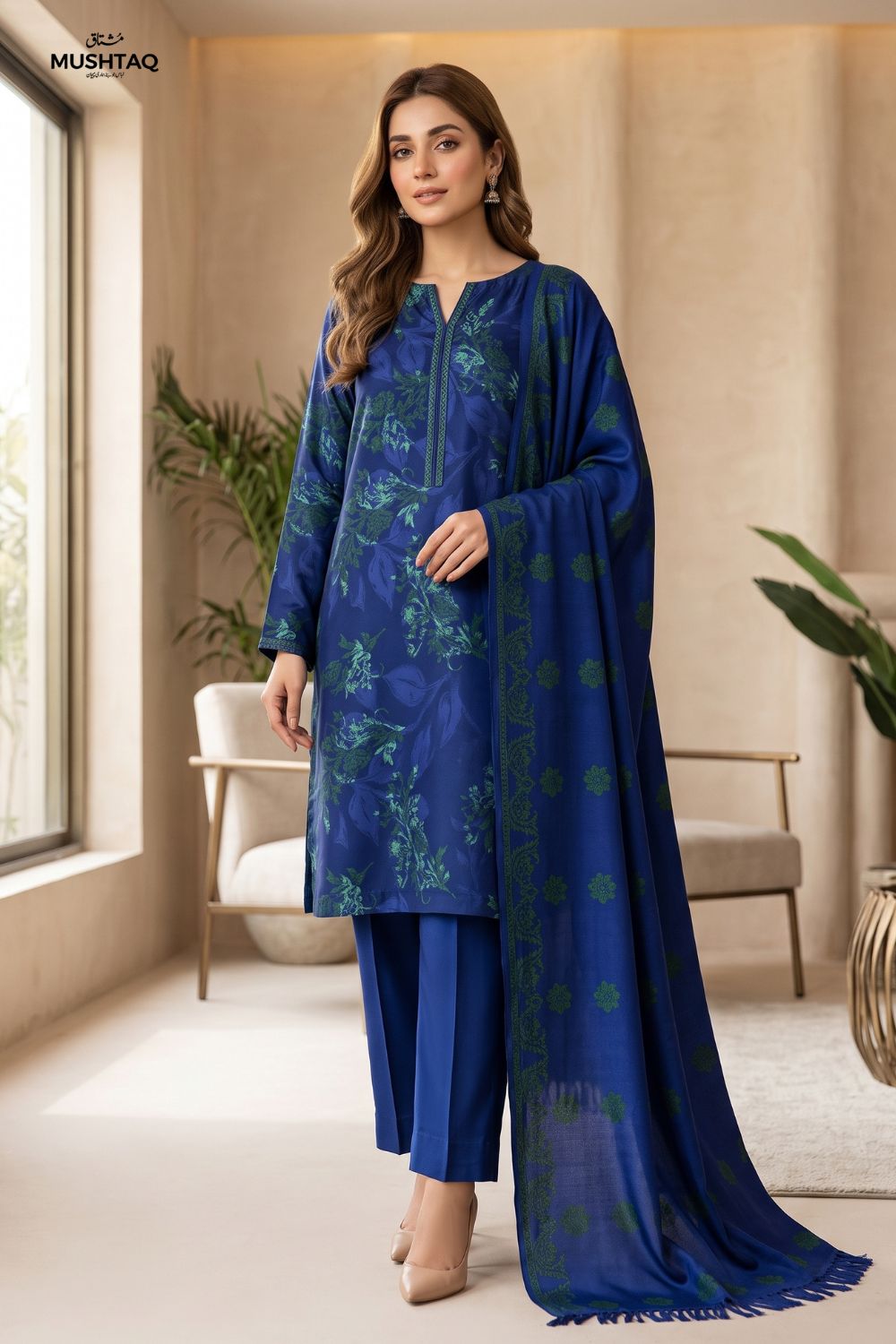 3Pcs Unstitched Printed China Patti With Wool Shawl Desgin - 3