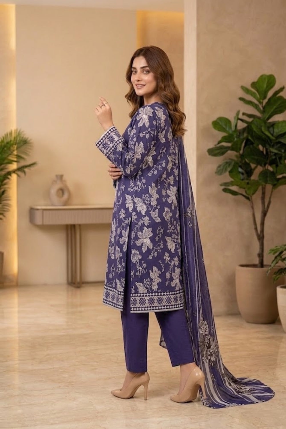 Mushtaq 3Pcs Unstitched Printed Viscouse Linen Suit with chiffon duppata Noor-e-Aroos Collection Desgin - 2