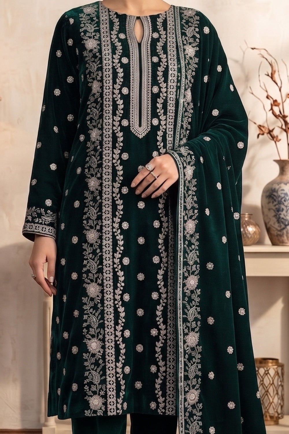 Mushtaq 3Pcs Unstitched Velvet Fancy suit Desgin - 8