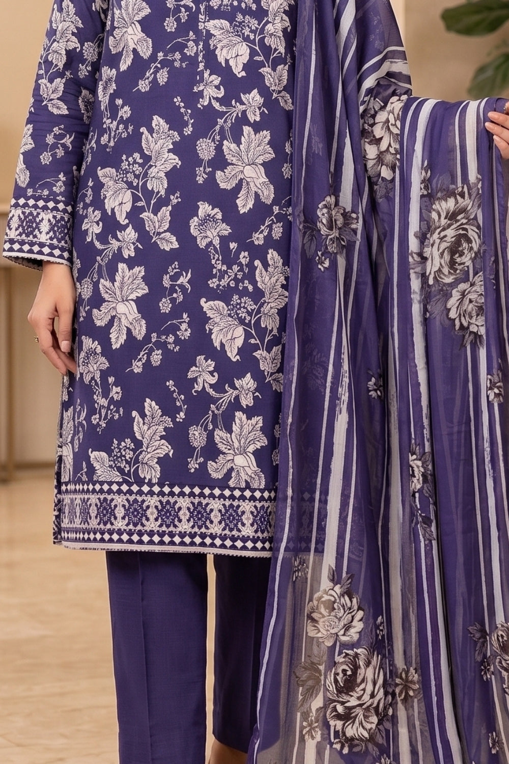 Mushtaq 3Pcs Unstitched Printed Viscouse Linen Suit with chiffon duppata Noor-e-Aroos Collection Desgin - 2