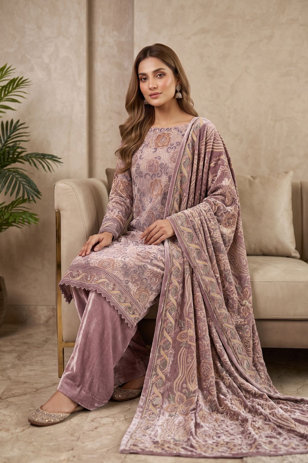 3Pcs Unstitched Printed Plachi Stuff with Shaneel velvet trouser Desgin - 3