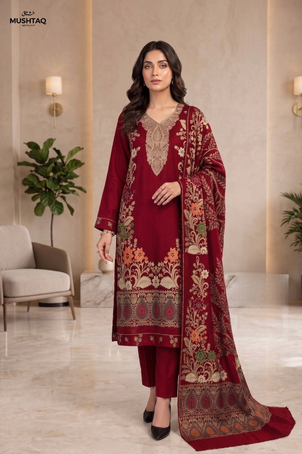 Mushtaq 3Pcs Unstitched Pashmina Jacquard Collection Desgin - 4