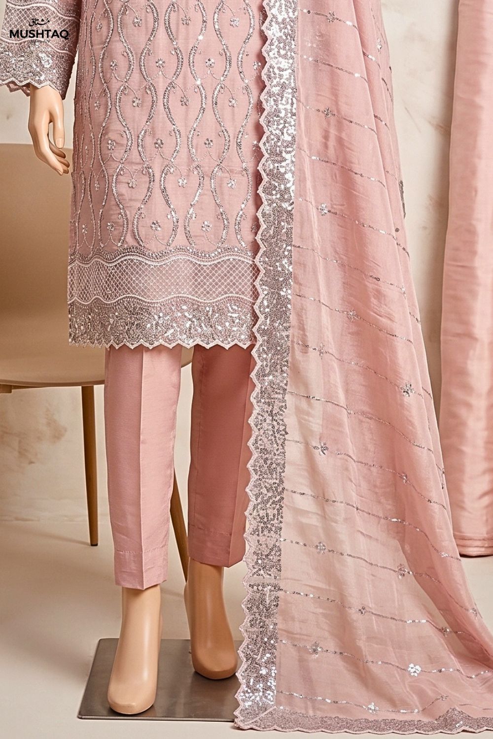 Mushtaq Chandni Collection 4Pcs Unstitched Cutdana fancy suit moti work Silk Desgin - 2