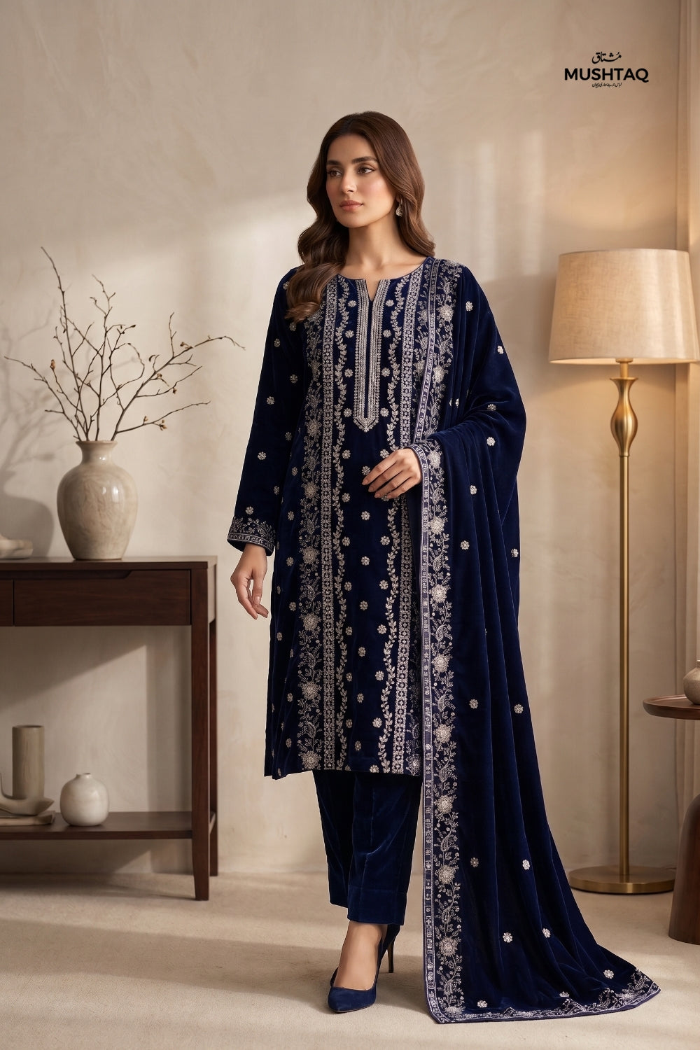 Mushtaq 3Pcs Unstitched Velvet Fancy suit Desgin - 9