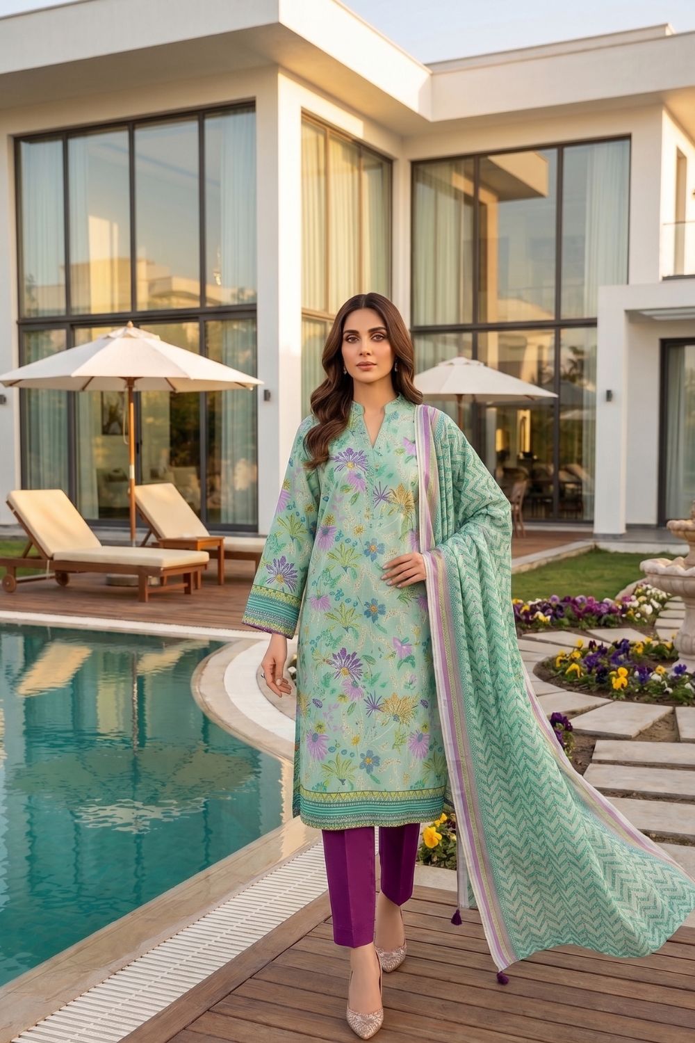Mushtaq 3Pcs Unstitched Printed Lawn Sapphire Collection Desgin - 13