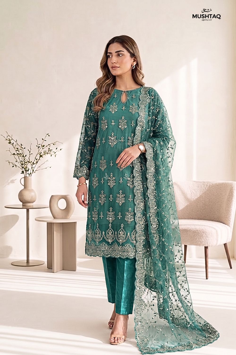 Mushtaq 3Pcs Unstitched Net Suit with Moti work Jasmine Party Wear Collection Desgin - 3