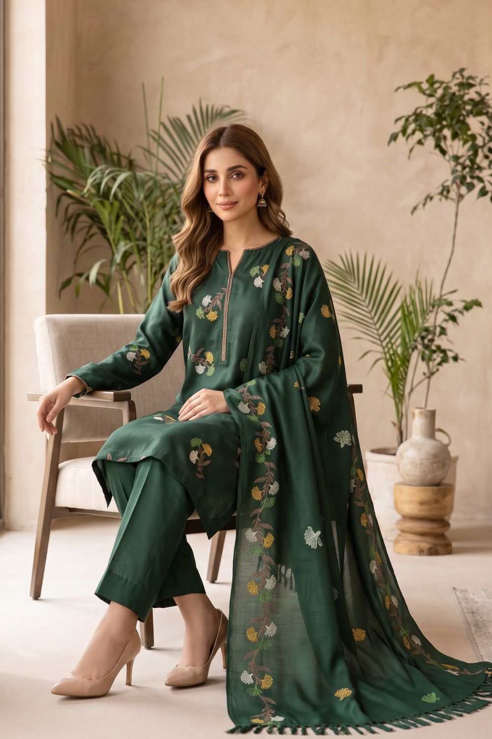 3Pcs Unstitched Printed China Patti With Wool Shawl Desgin - 4