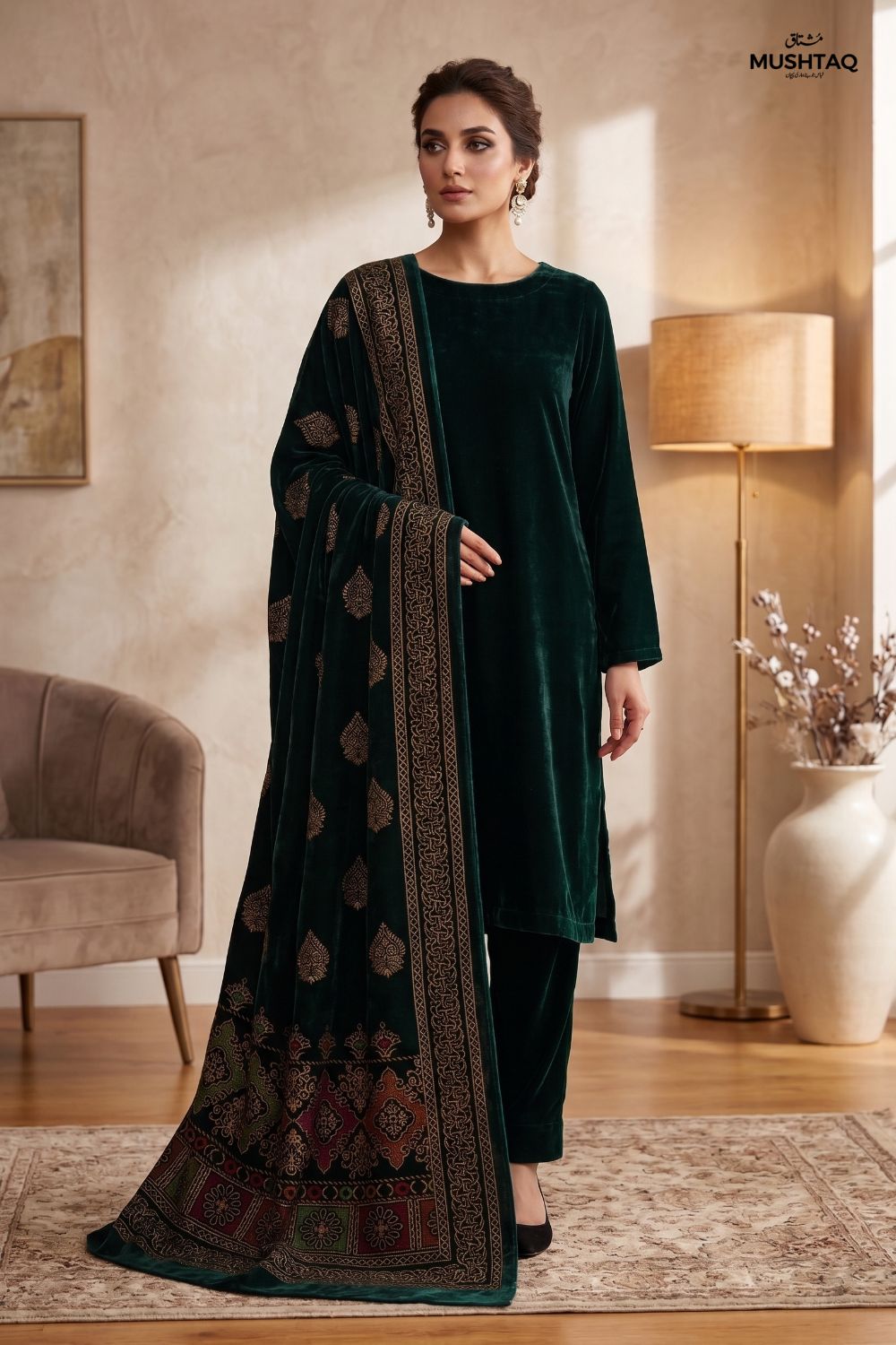 Mushtaq 3Pcs Unstitched Velvet Plain suit Printed Shawl Desgin - 3