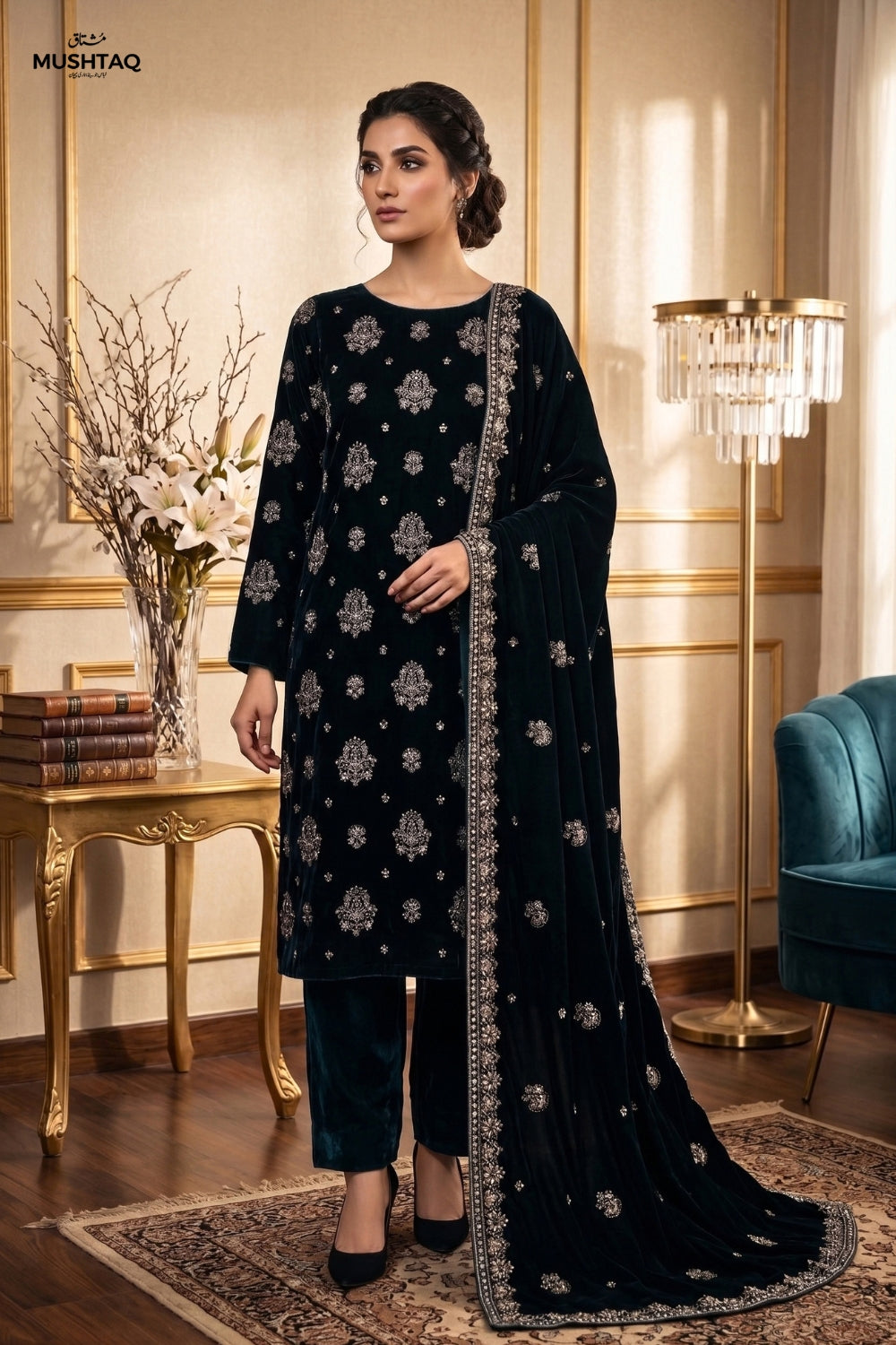 Mushtaq 3Pcs Unstitched Carman Velvet Fancy suit Desgin - 5