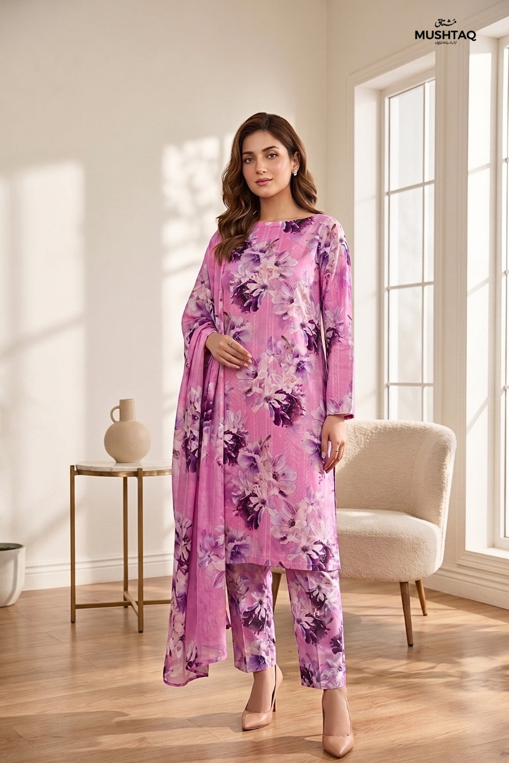Mushtaq 3Pcs Unstitched Tulip Embroidered Lawn Collection Desgin - 5
