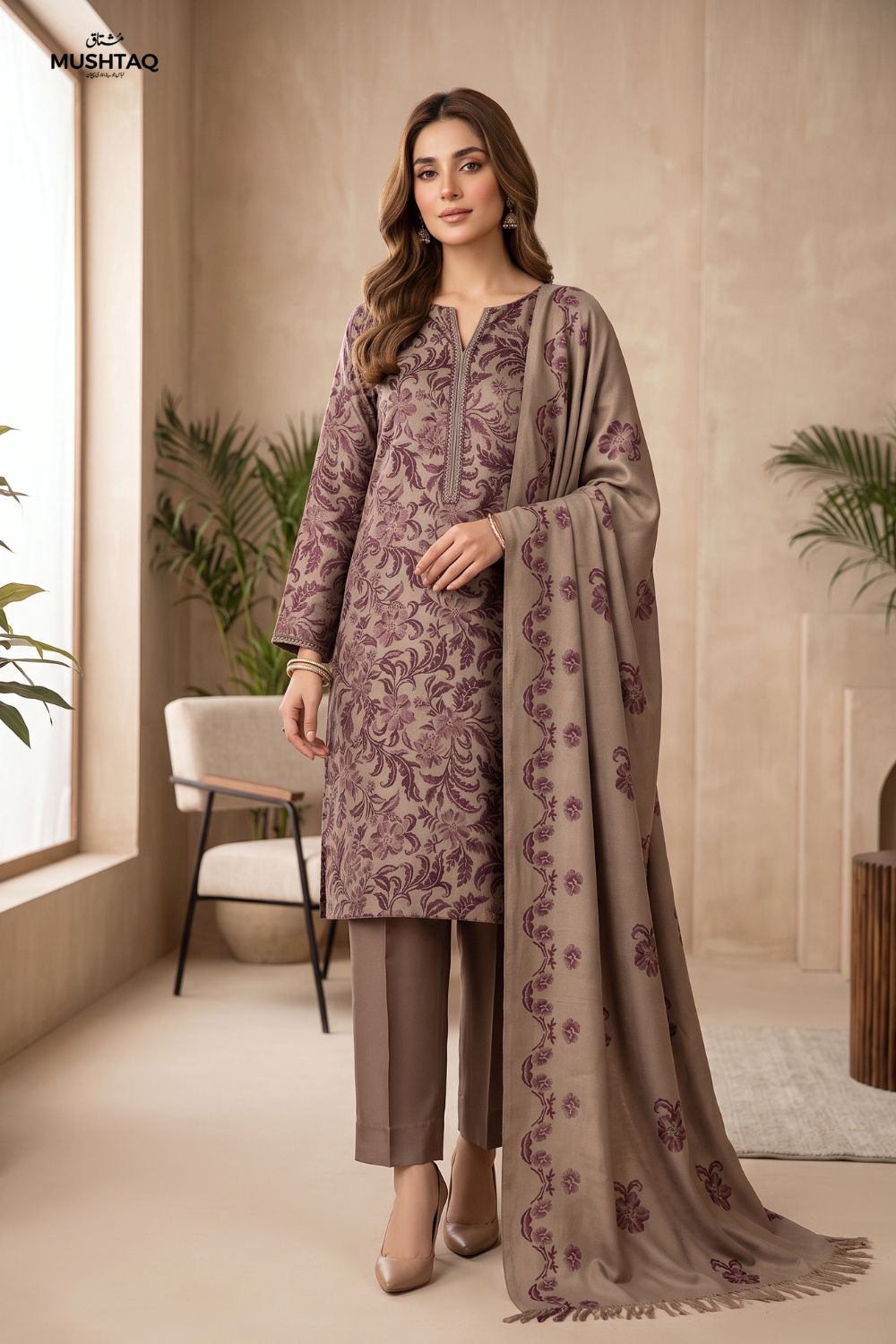 3Pcs Unstitched Printed China Patti With Wool Shawl Desgin - 5