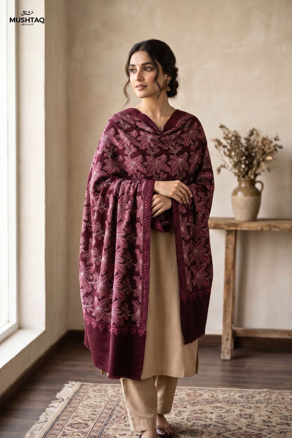 3Pcs Unstitched Pashima Suit With Embroidered Shawl Desgin - 5