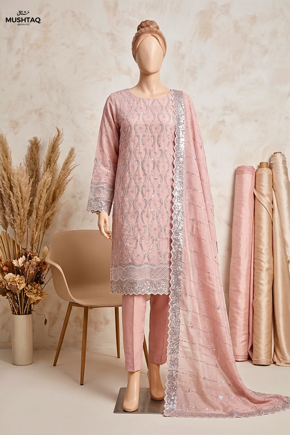 Mushtaq Chandni Collection 4Pcs Unstitched Cutdana fancy suit moti work Silk Desgin - 2
