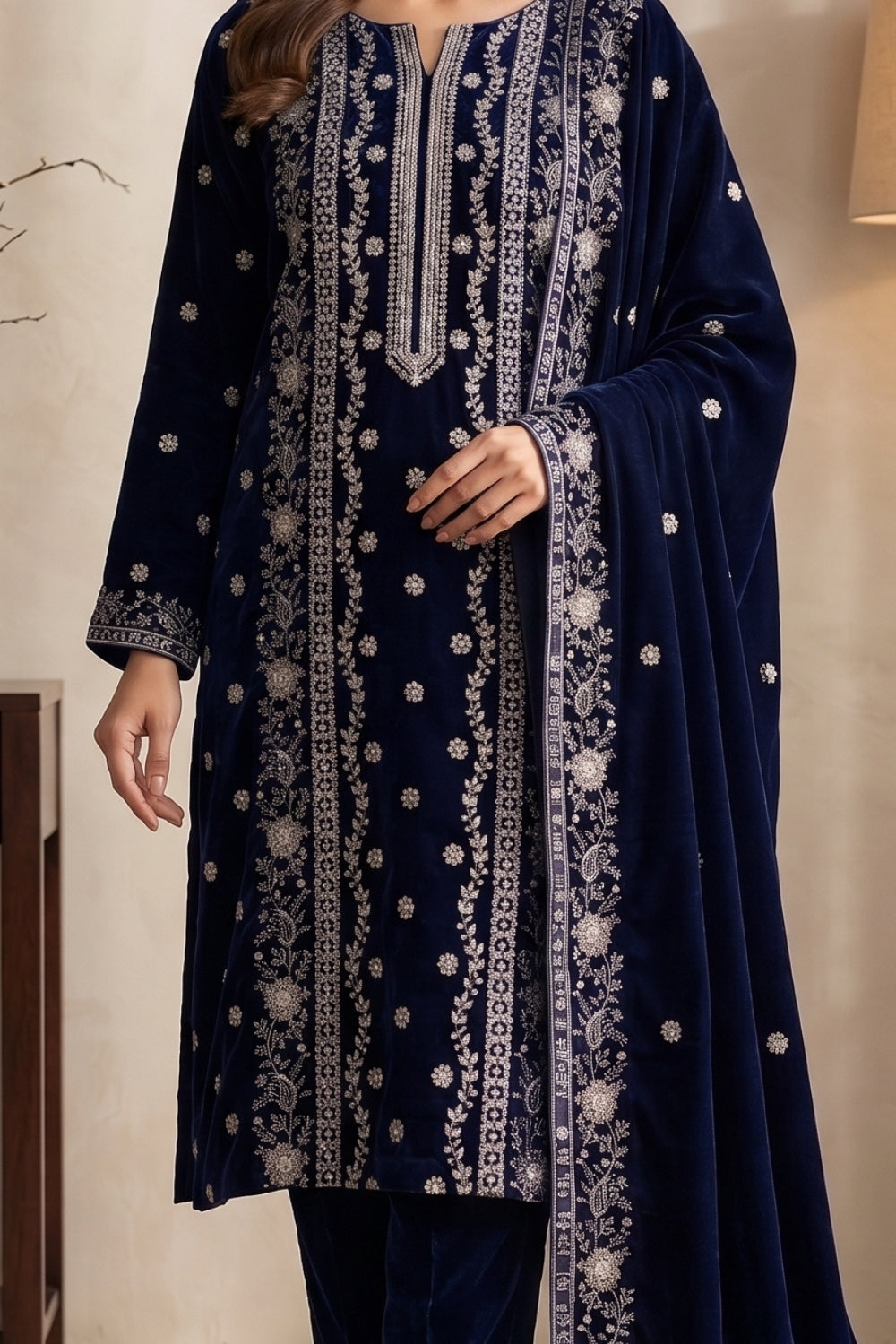 Mushtaq 3Pcs Unstitched Velvet Fancy suit Desgin - 9