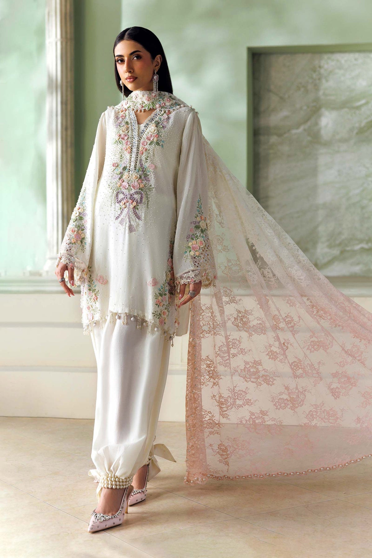 Maria B Soiree Unstitched Formals'26 3 Piece Unstitched Embroidered Tusser Silk Suit SR-01-02-Ivory