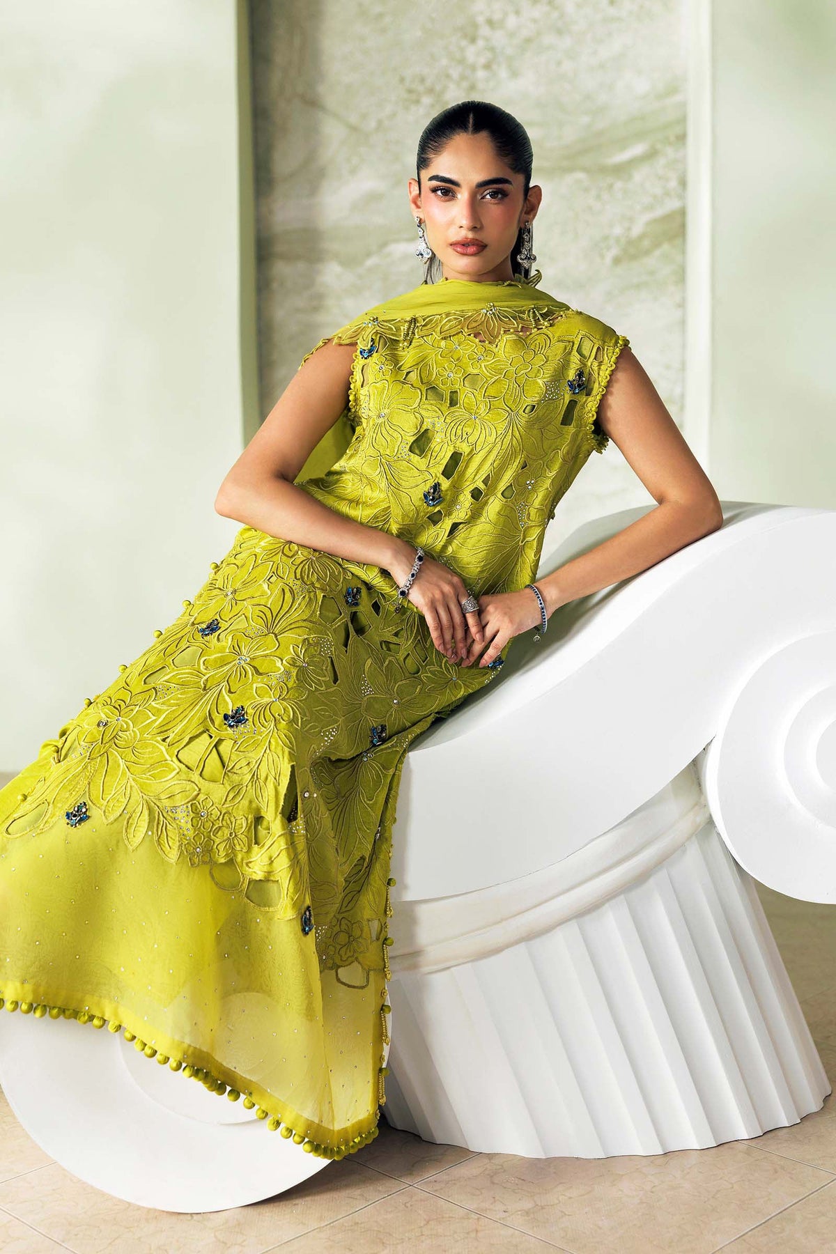 Maria B Soiree Unstitched Formals'26 3 Piece Unstitched Embroidered Bemberg Raw Silk Suit SR-01-03-Lime Green