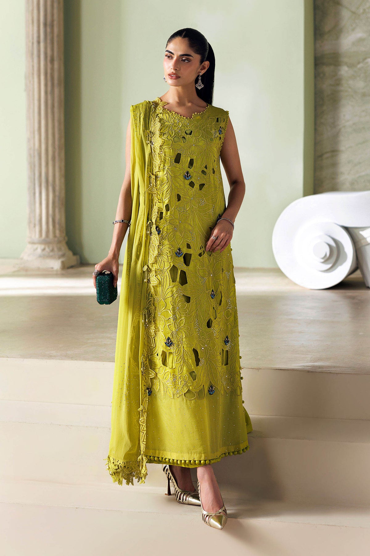 Maria B Soiree Unstitched Formals'26 3 Piece Unstitched Embroidered Bemberg Raw Silk Suit SR-01-03-Lime Green