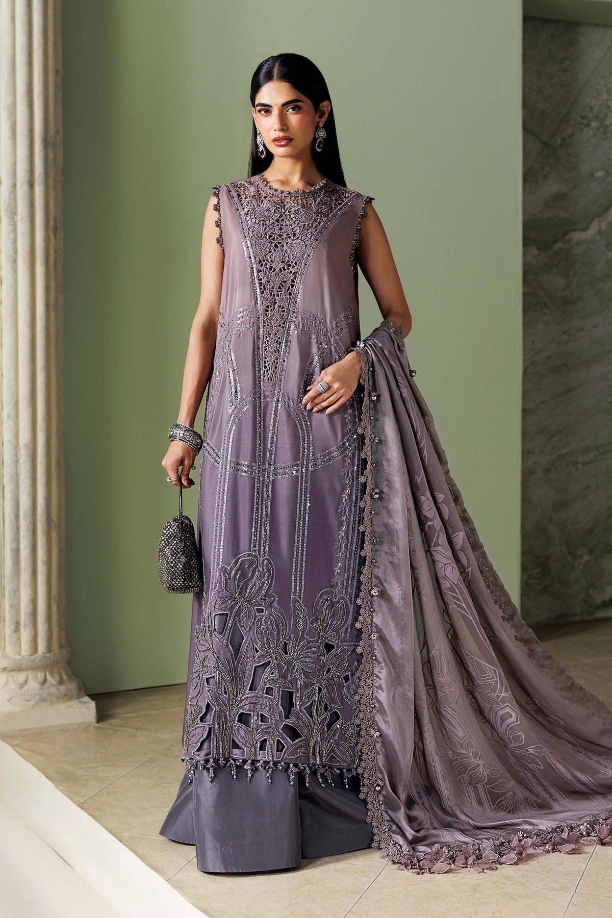 Maria B Soiree Unstitched Formals'26 3 Piece Unstitched Embroidered Bell Raw Silk Suit SR-01-04-Dusty Mauve