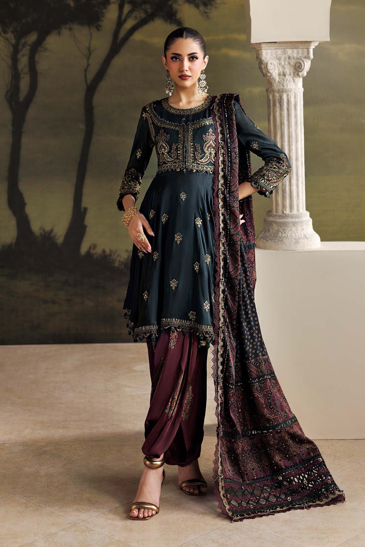 Maria B Soiree Unstitched Formals'26 3 Piece Unstitched Embroidered Tusser Silk Suit SR-01-05-Imperial Burgundy