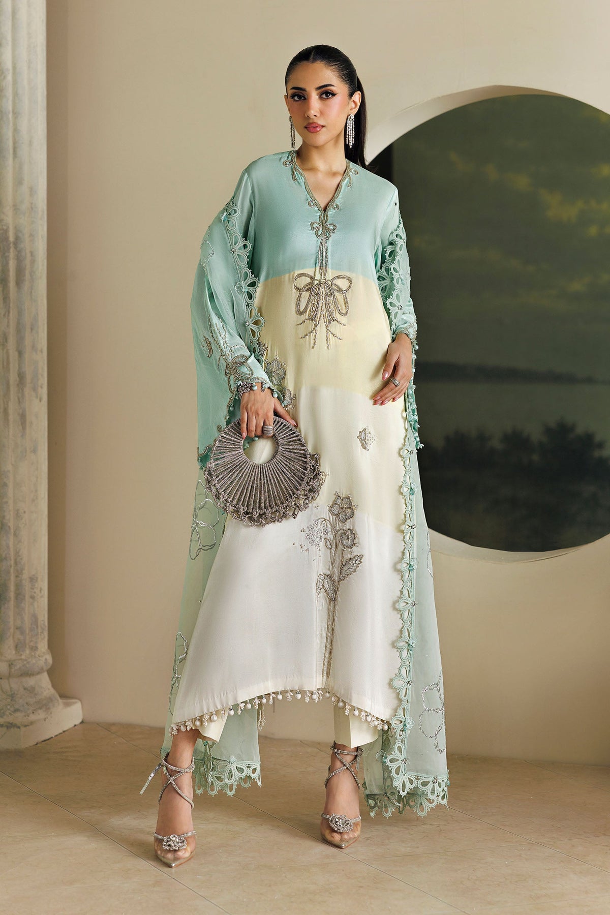 Maria B Soiree Unstitched Formals'26 3 Piece Unstitched Embroidered Raw Silk Suit SR-01-07-Crystal Mint
