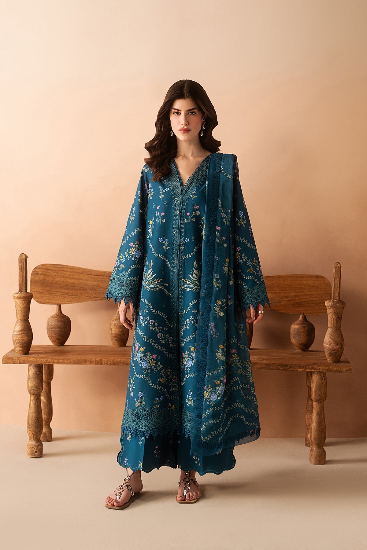 Afrozeh 3 Pc Unstitched Embroidered & Printed Lawn Suit Luem Teal
