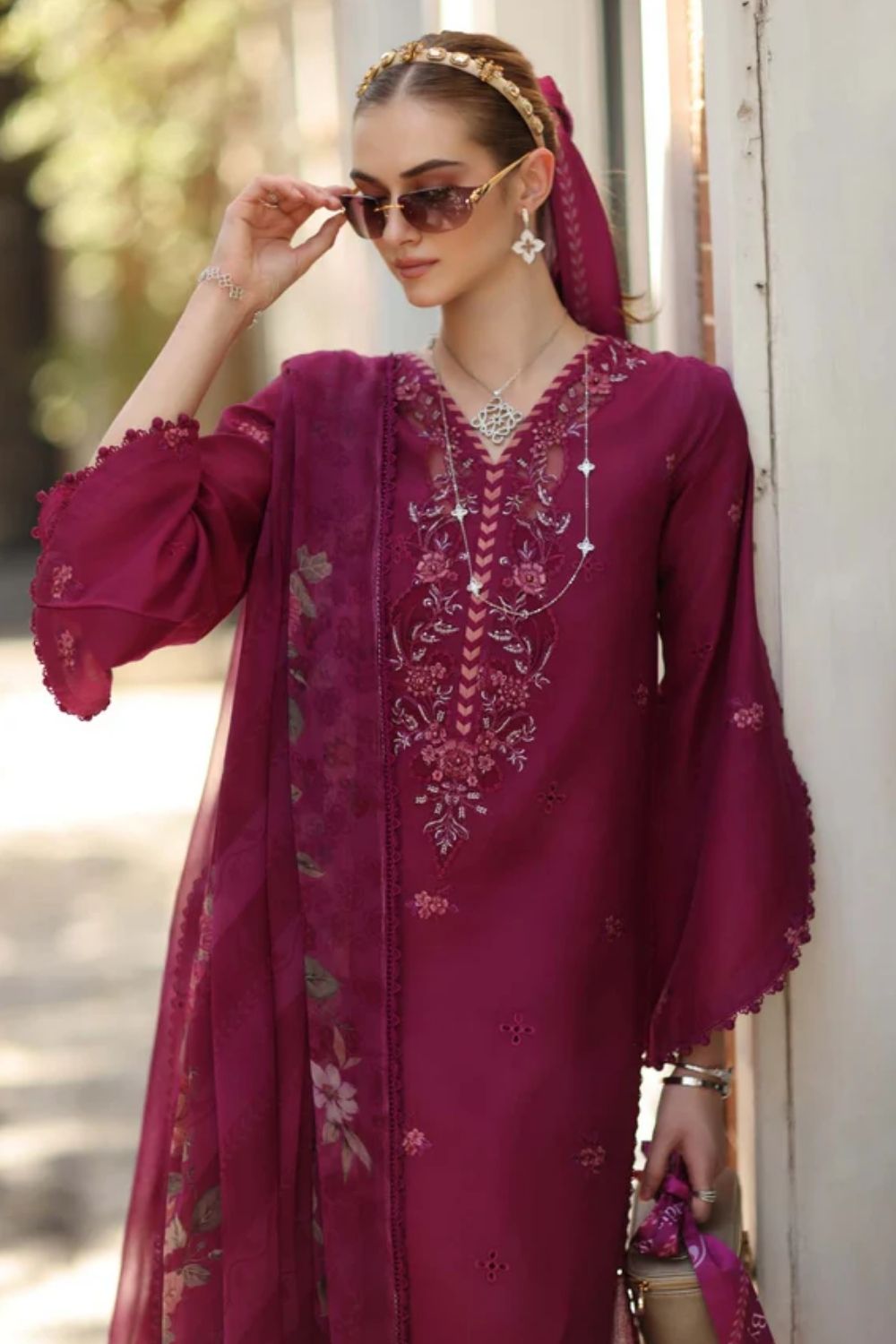 Noor By Saadia Asad Embroidered Lawn Suits Unstitched 3 Piece Luxury Collection D3 - A - Fushia Blush