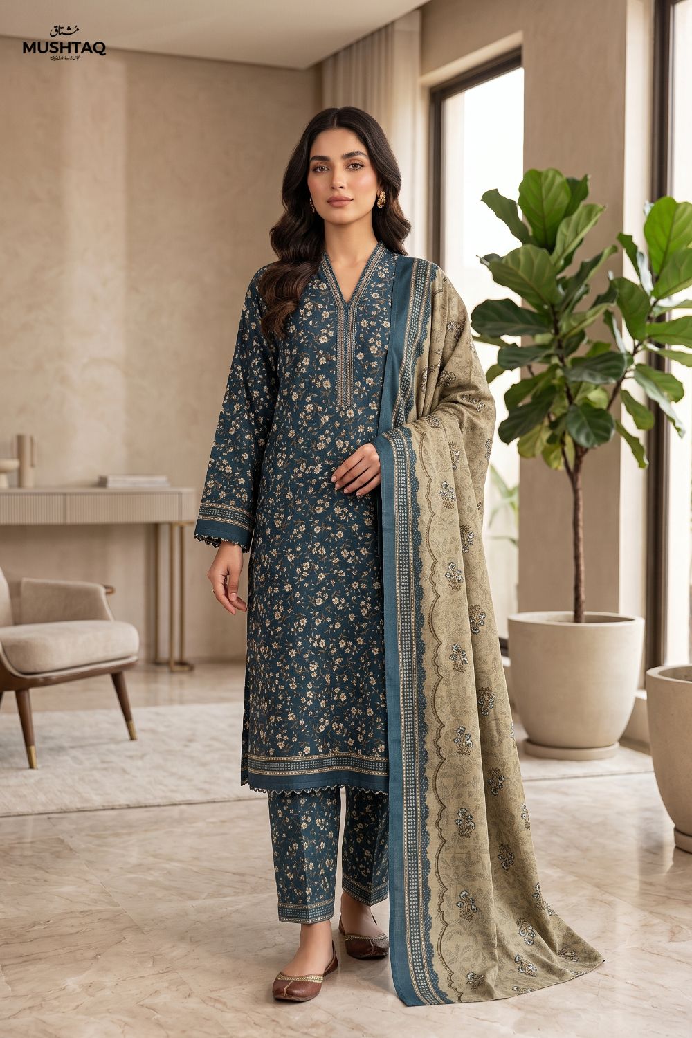 Mushtaq 3Pcs Unstitched Printed Khaddar Dilara Collection Desgin - 4