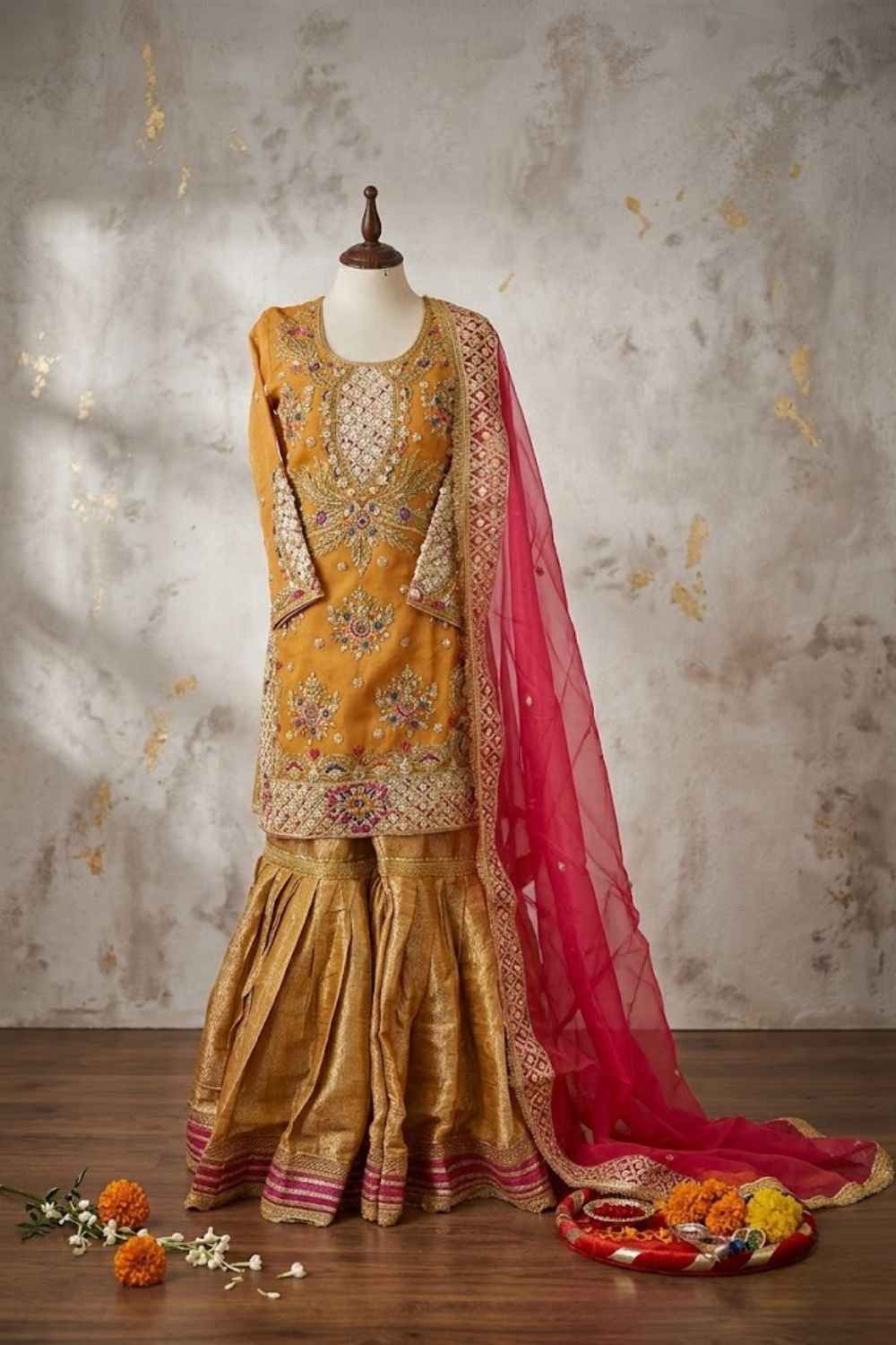 Sunehri Mehndi Bridal Wear by MCS Unstitched Handmade Net Shirt With Banarsi sharara Mehndi Wear Collection