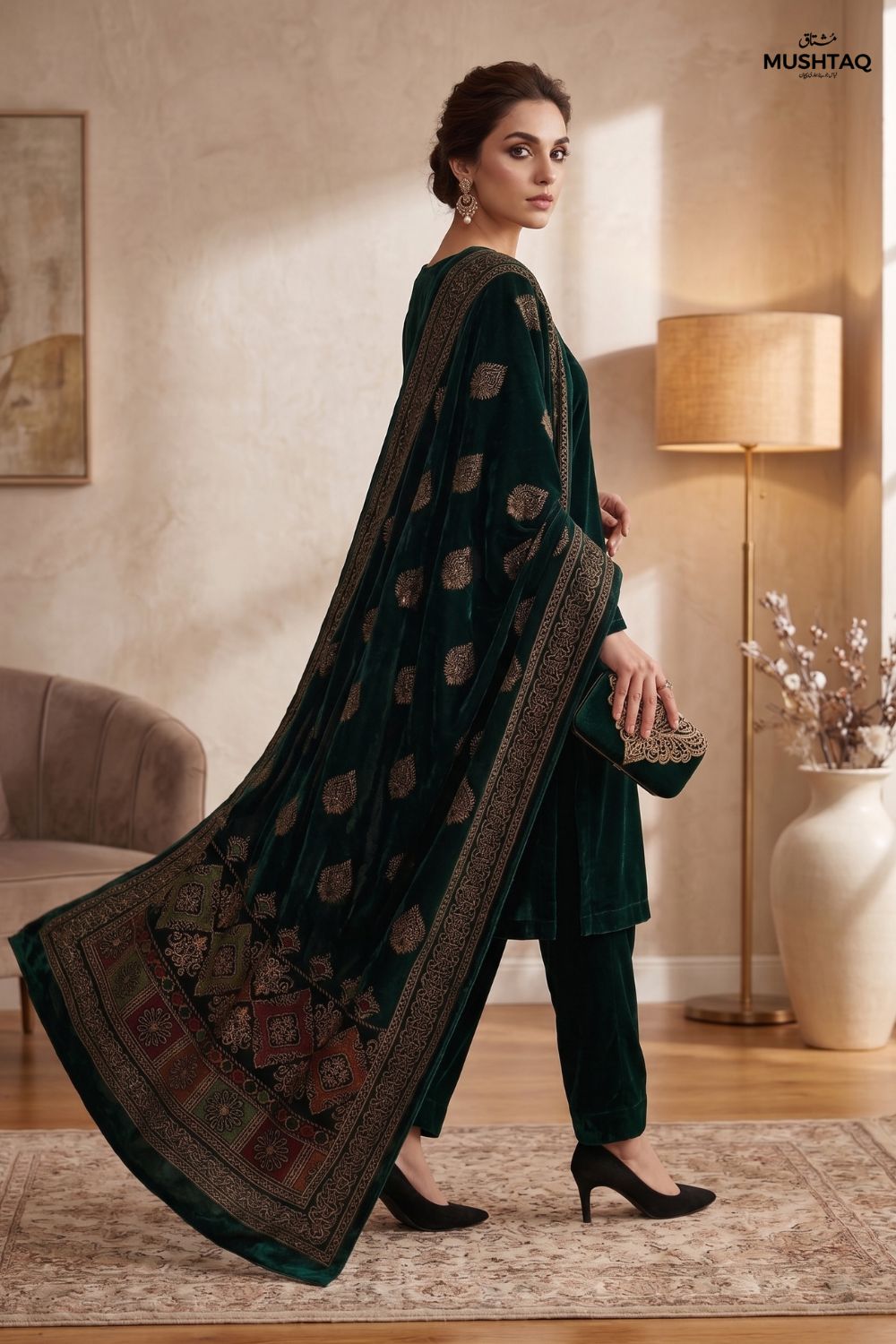 Mushtaq 3Pcs Unstitched Velvet Plain suit Printed Shawl Desgin - 3