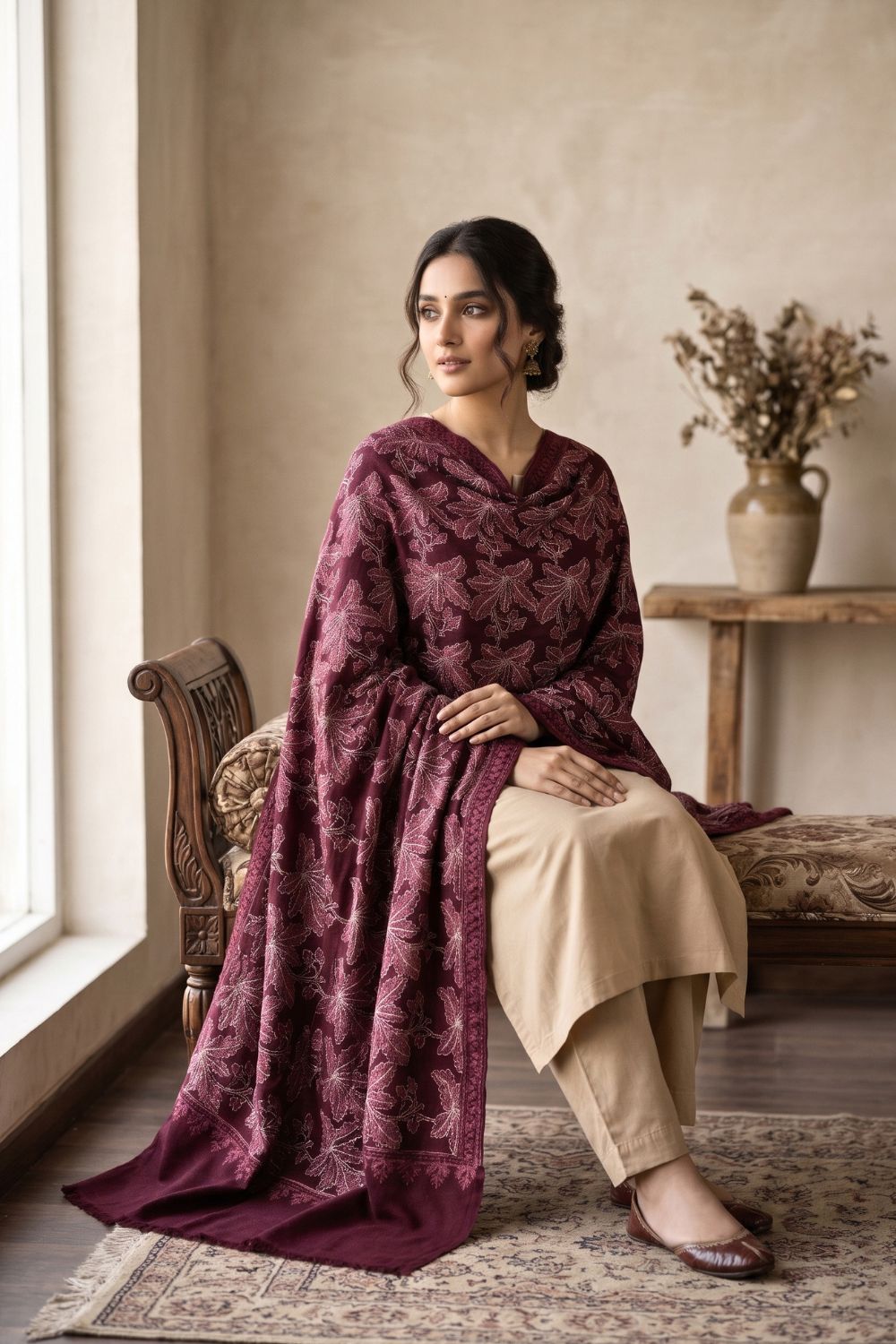 3Pcs Unstitched Pashima Suit With Embroidered Shawl Desgin - 5