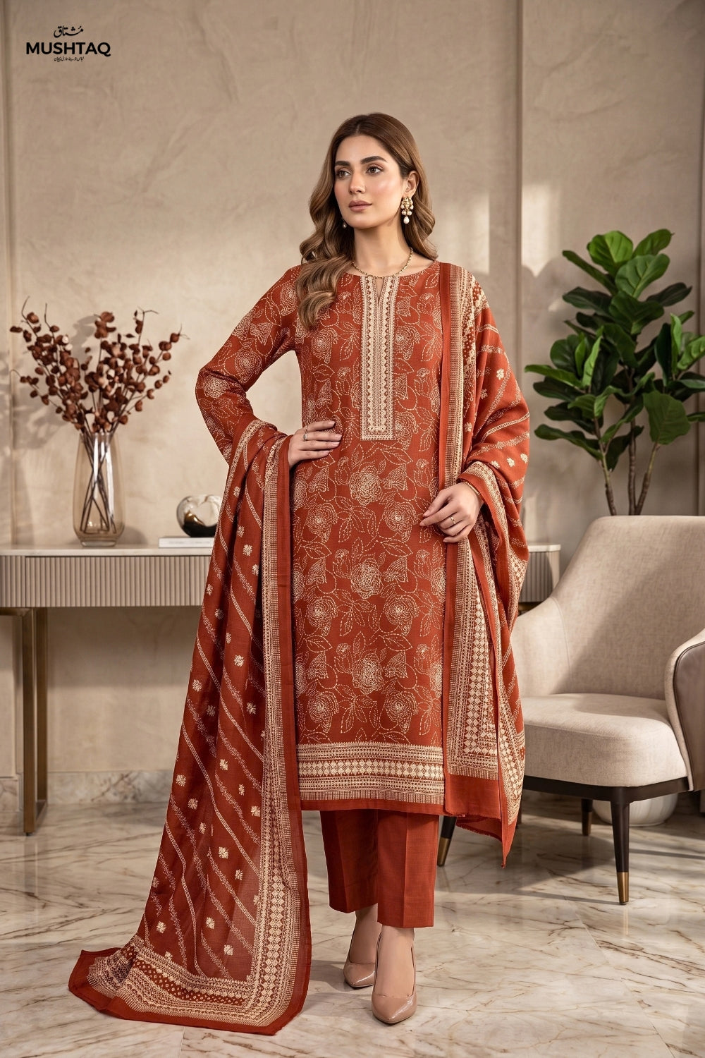 Mushtaq 3Pcs Unstitched Printed Doriya Linen Arisha Collection Desgin - 4