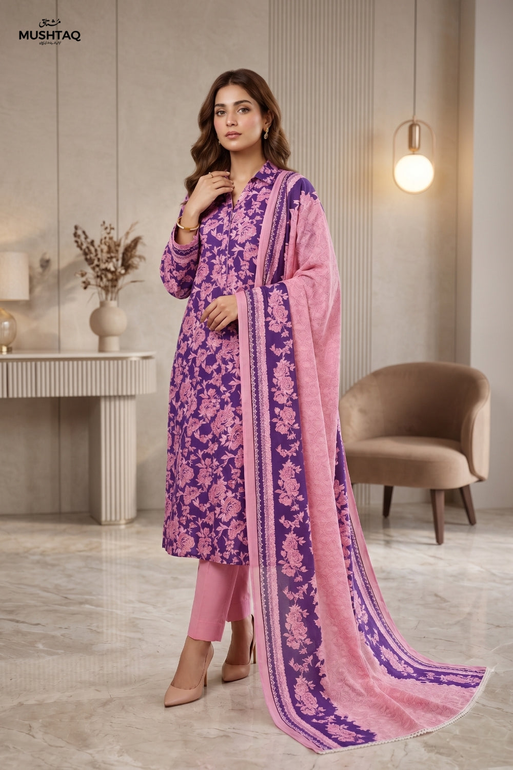 Mushtaq 3Pcs Unstitched Cotton Bella Kt Collection Desgin - 4