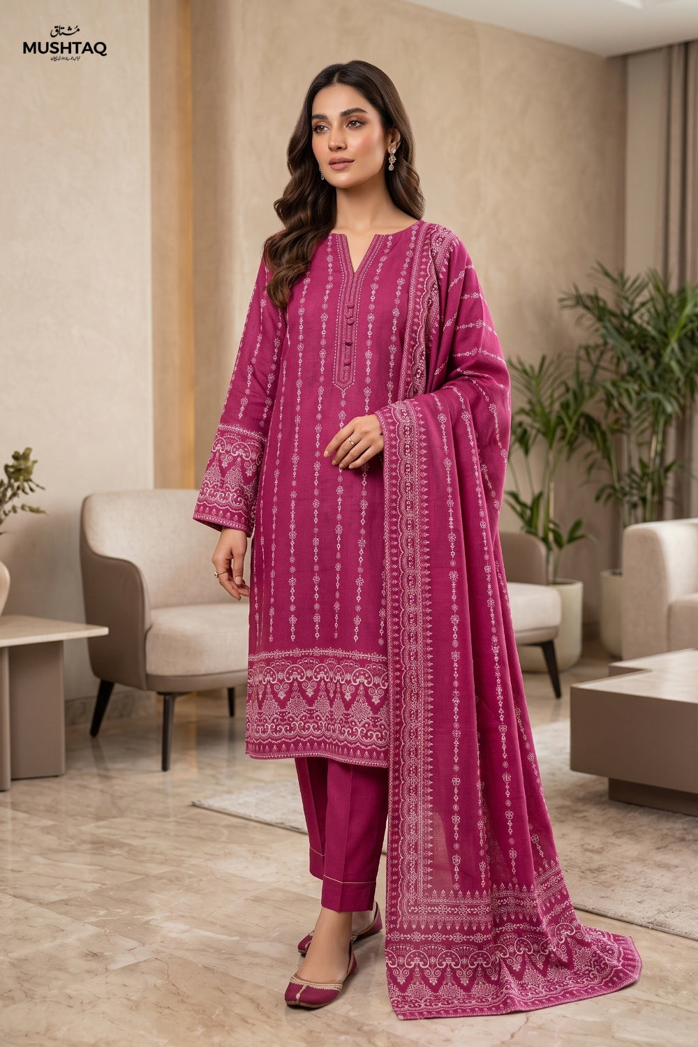 Mushtaq 3Pcs Unstitched Printed Slub Linen Aiza Collection Desgin - 4