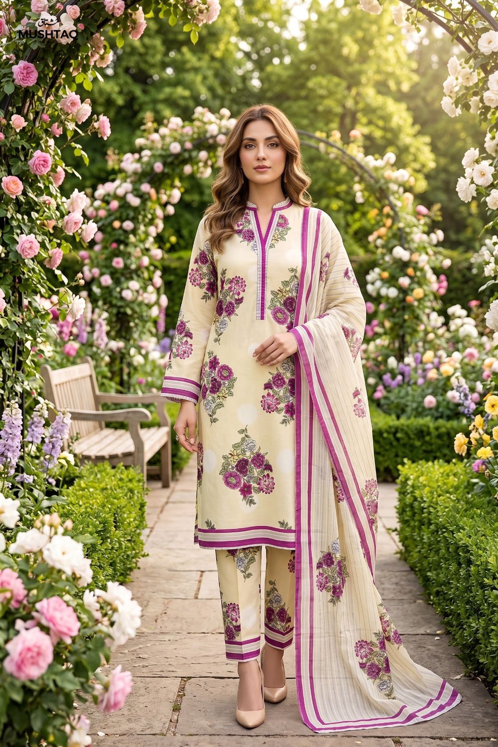 Mushtaq 3Pcs Unstitched Printed Lawn Ansaa Collection Desgin - 4