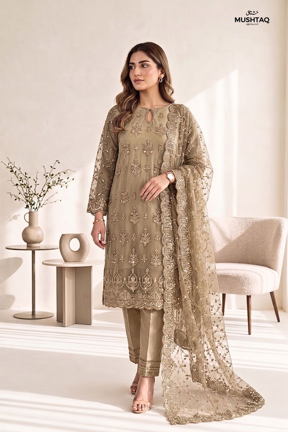 Mushtaq 3Pcs Unstitched Net Suit with Moti work Jasmine Party Wear Collection Desgin - 4