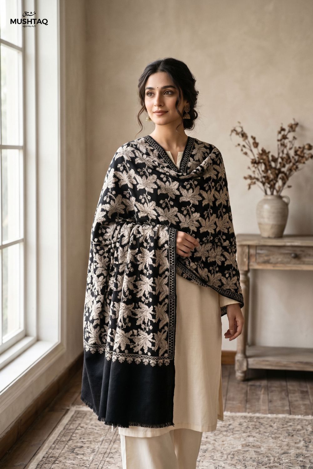 3Pcs Unstitched Pashima Suit With Embroidered Shawl Desgin - 6