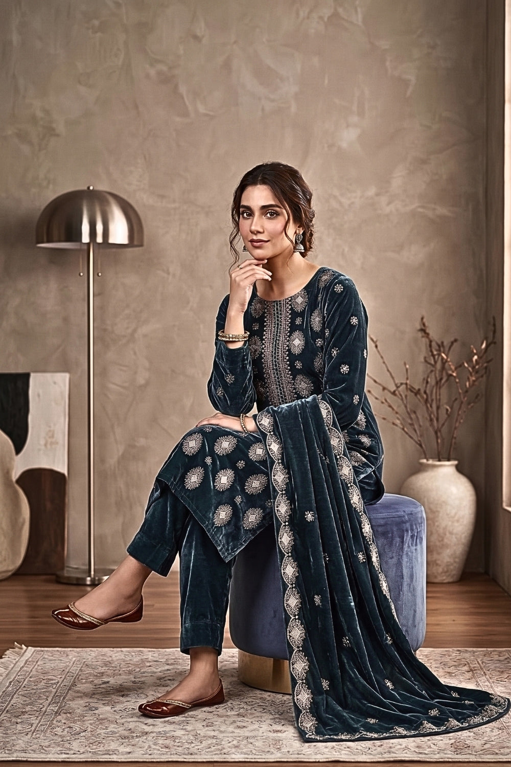 Mushtaq 3Pcs Unstitched Velvet Plain suit Desgin - 4