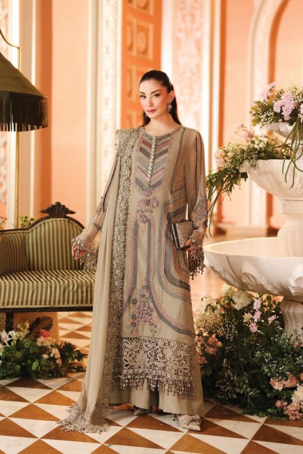 Maria B Royale Tea Affair 3 Piece Unstitched Embroidered Luxury Chiffon Suit MPC-26-201-Antique Grey