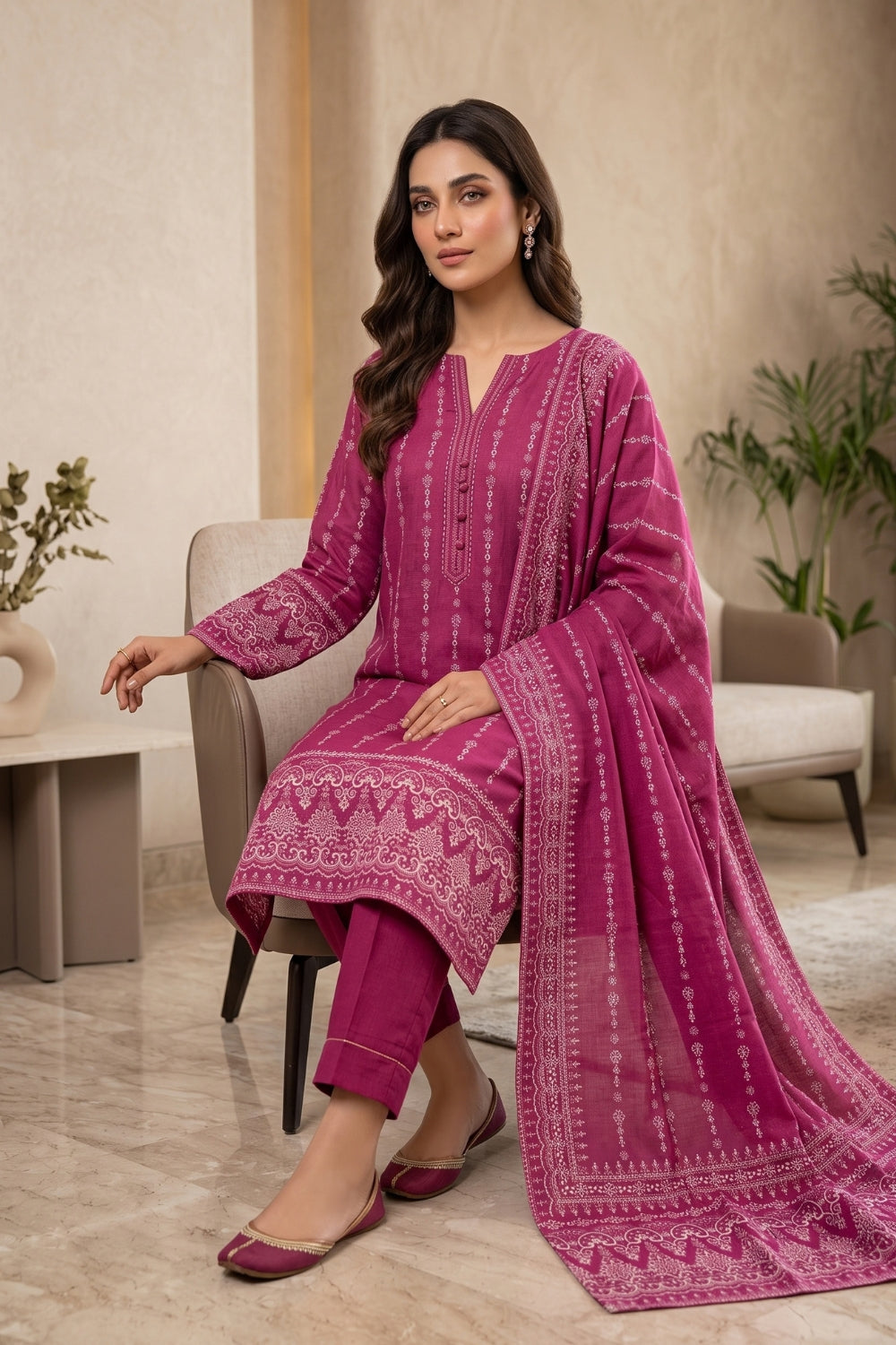 Mushtaq 3Pcs Unstitched Printed Slub Linen Aiza Collection Desgin - 4