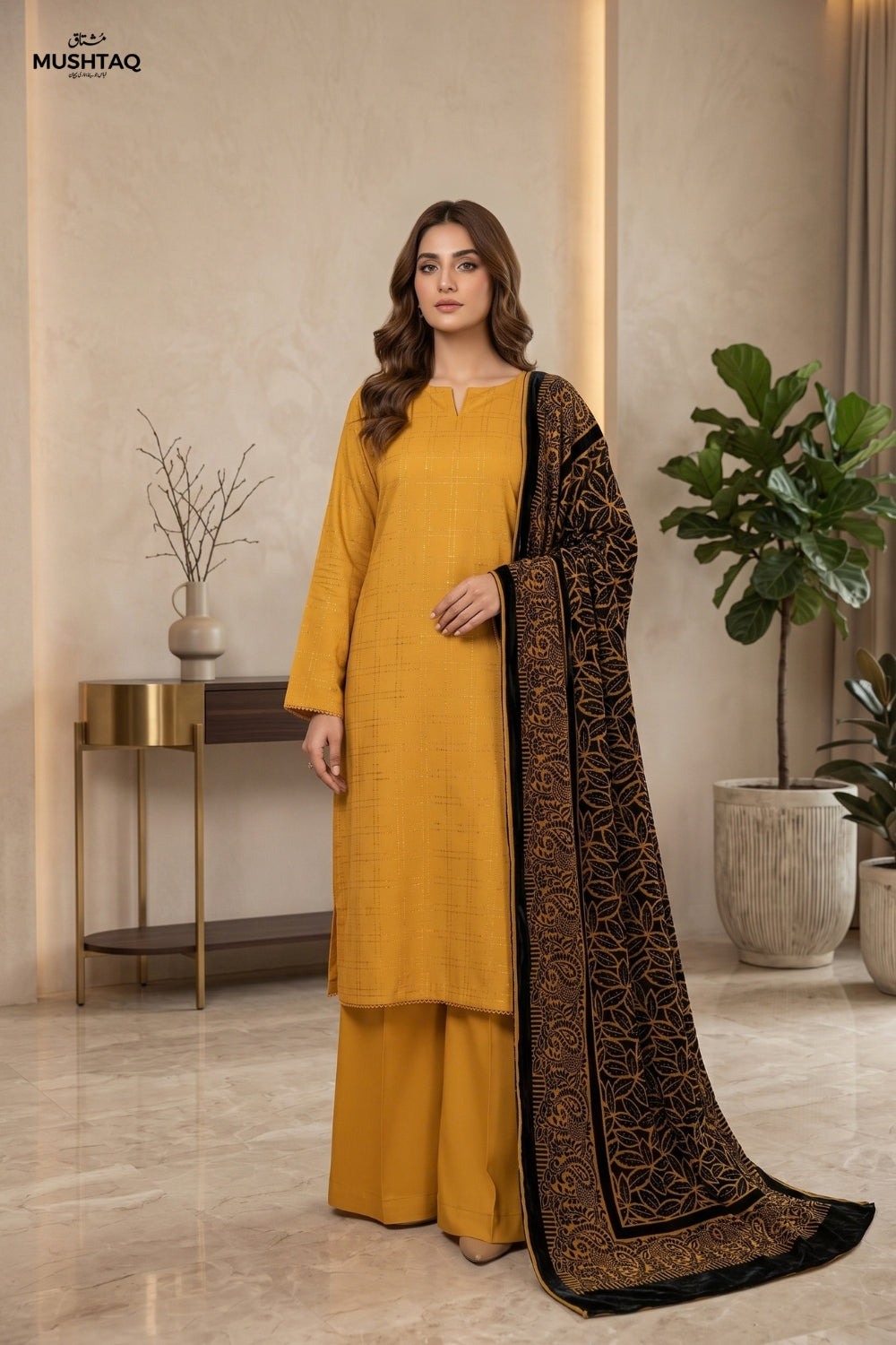 Mushtaq 3Pcs Unstitched Plain Marina with Palachi Dupatta Libaas Collection Desin - 6