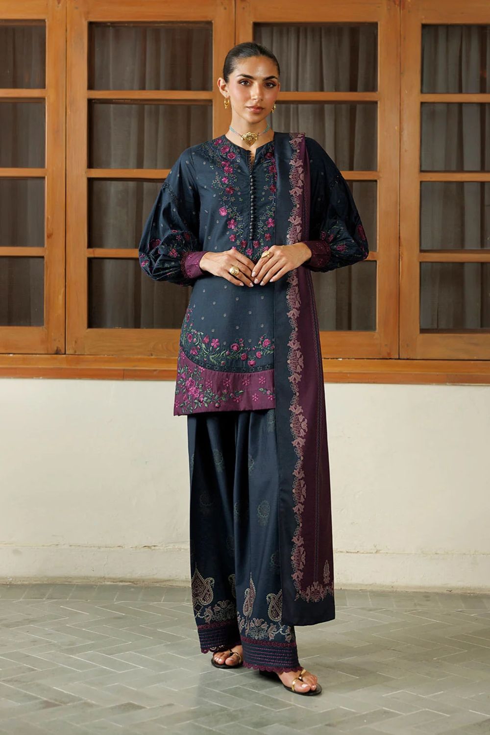 Iznik 3Pc Unstitched Embroidered Printed Viscose Linen Suit IPF-26