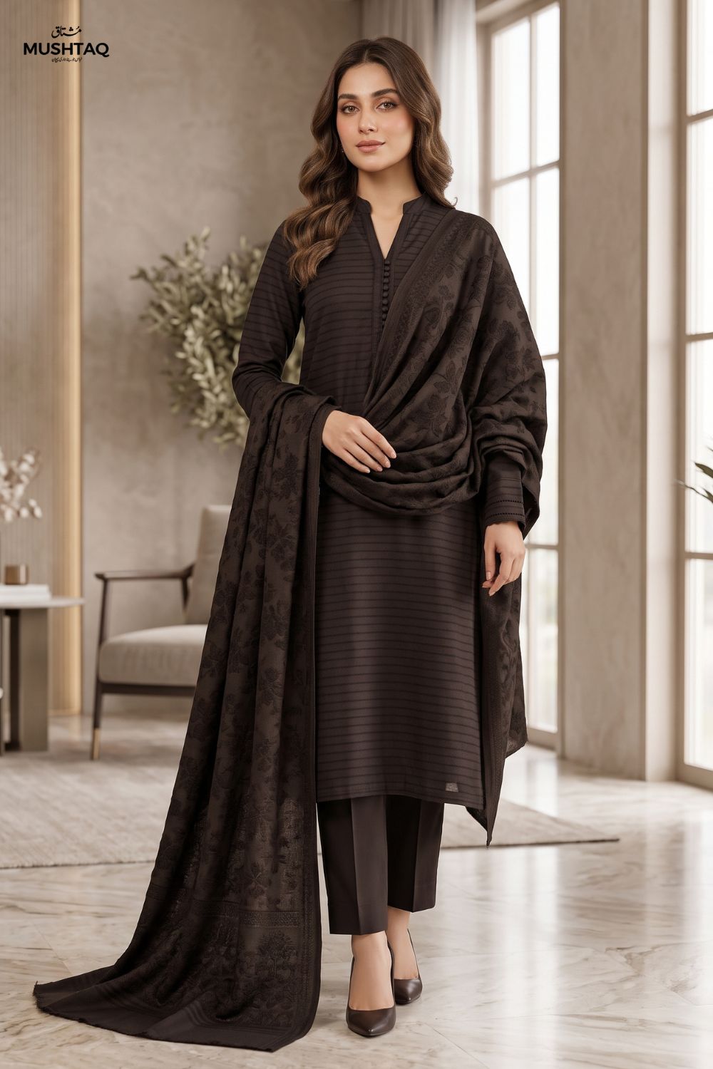 Mushtaq 3Pcs Unstitched Marina suit with Wool Shawl Ayzel Collection Desgin - 6