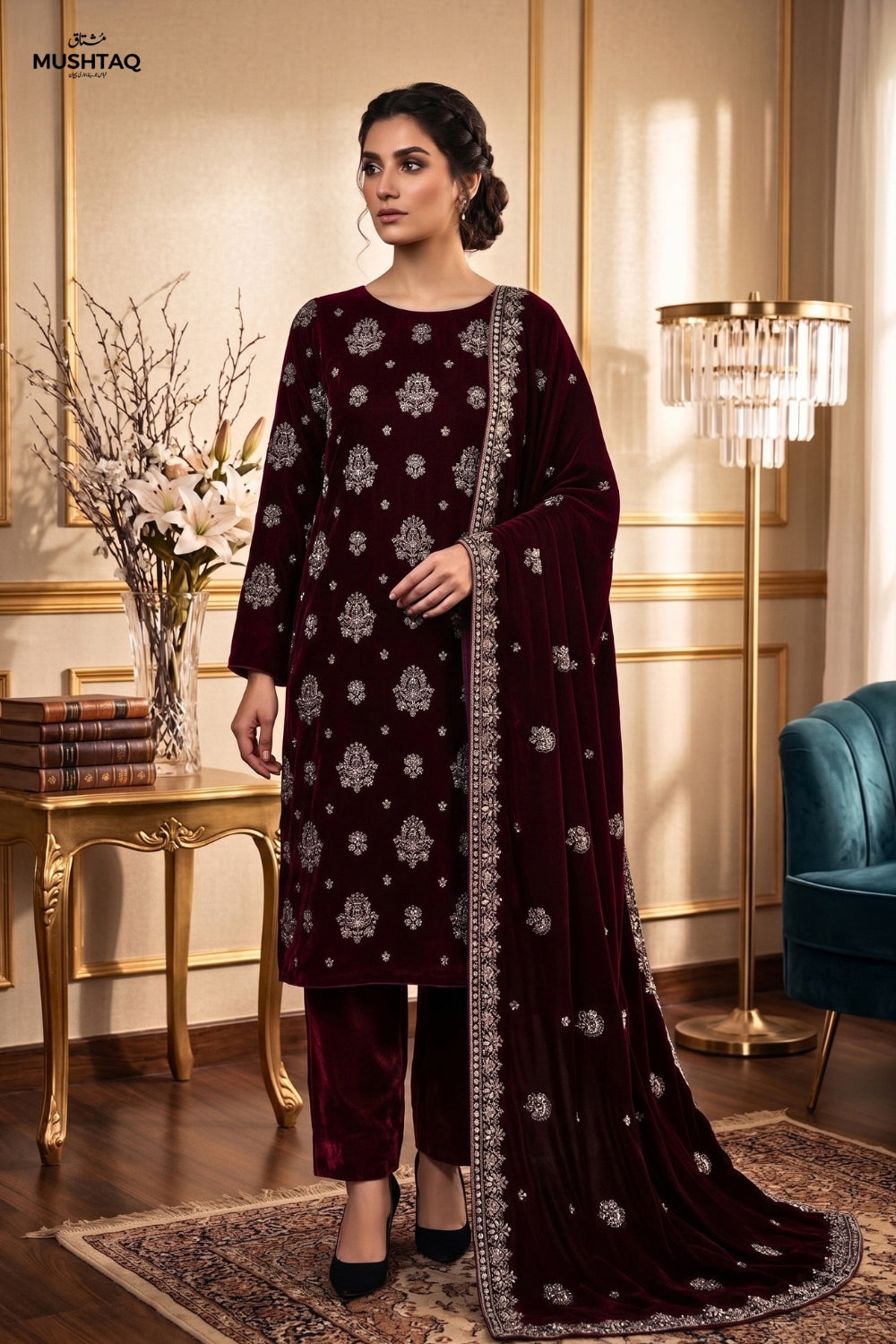 Mushtaq 3Pcs Unstitched Carman Velvet Fancy suit Desgin - 6