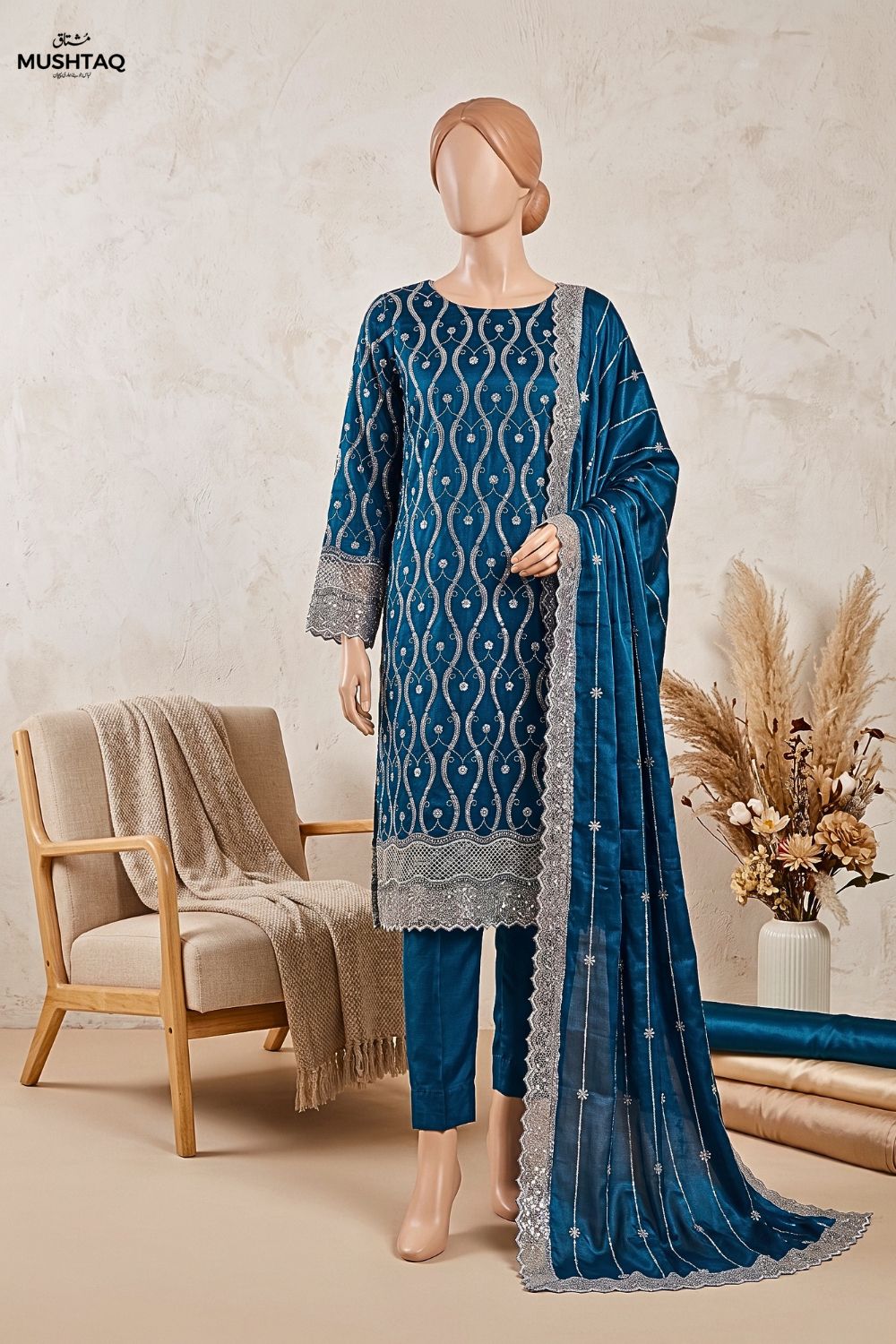 Mushtaq Chandni Collection 4Pcs Unstitched Cutdana fancy suit moti work Silk Desgin - 4