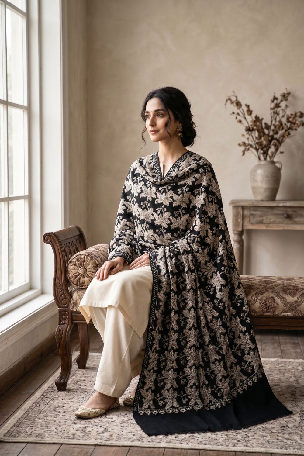 3Pcs Unstitched Pashima Suit With Embroidered Shawl Desgin - 6