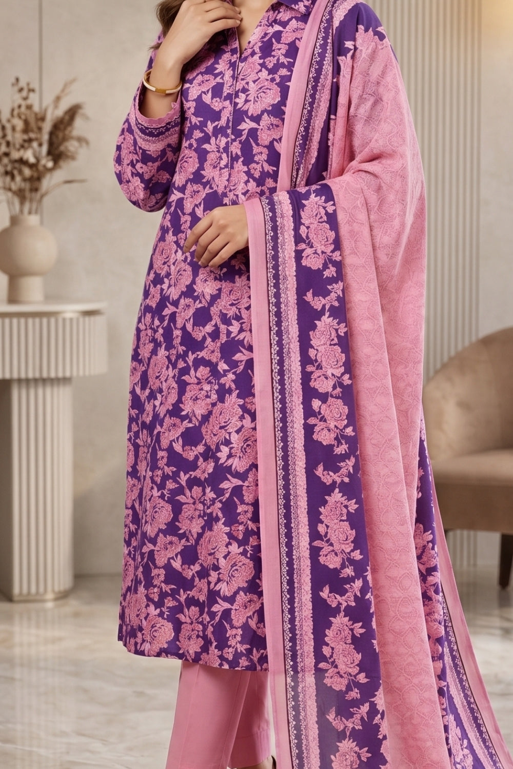 Mushtaq 3Pcs Unstitched Cotton Bella Kt Collection Desgin - 4