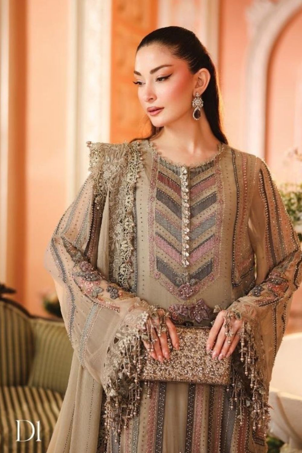 Maria B Royale Tea Affair 3 Piece Unstitched Embroidered Luxury Chiffon Suit MPC-26-201-Antique Grey