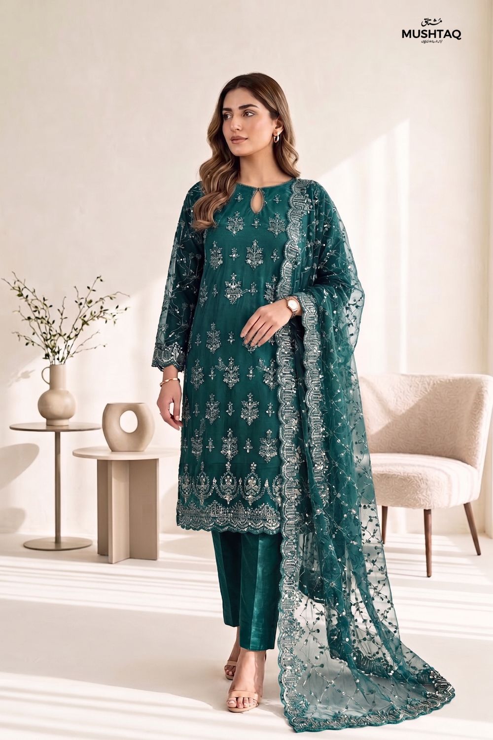 Mushtaq 3Pcs Unstitched Net Suit with Moti work Jasmine Party Wear Collection Desgin - 5