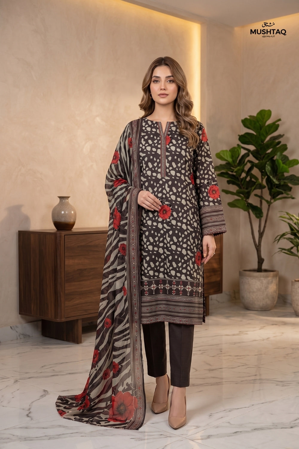 Mushtaq 3Pcs Unstitched Printed Viscouse Linen Suit with chiffon duppata Noor-e-Aroos Collection Desgin - 5